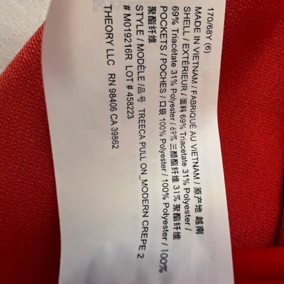 Theory Treeca Pull-on Pant - Stretch Admiral Crepe - Poppy Red/Orange - Sz 6 NWT - Picture 11 of 11